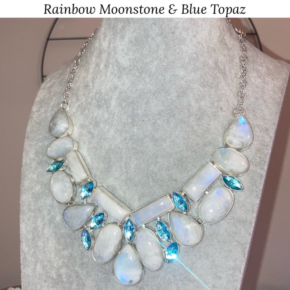 WOW! Rainbow Moonstone & Blue Topaz Handmade BIB Statement Cluster Necklace